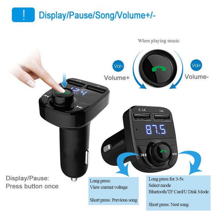 Carregador Carro Transmissor FM Bluetooth Veicular X8 - Mp3, Rádio
